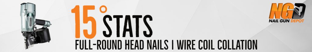 An image of the 3-1/4 Inch Coil Framing Nailer | Metabo HPT NV83A5<br />
with text "15° stats: Full-round head nails | wire coil collation"