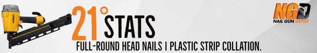 An image of the  Dewalt DWF83PL<br />
with text "21° stats: Full-round head nails. Plastic strip collation."