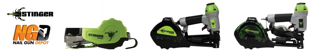 Stinger logo on top of Nail Gun Depot logo, images of CH38A Autofeed Cap Hammer, CS150B Cap Stapler, & CN100B